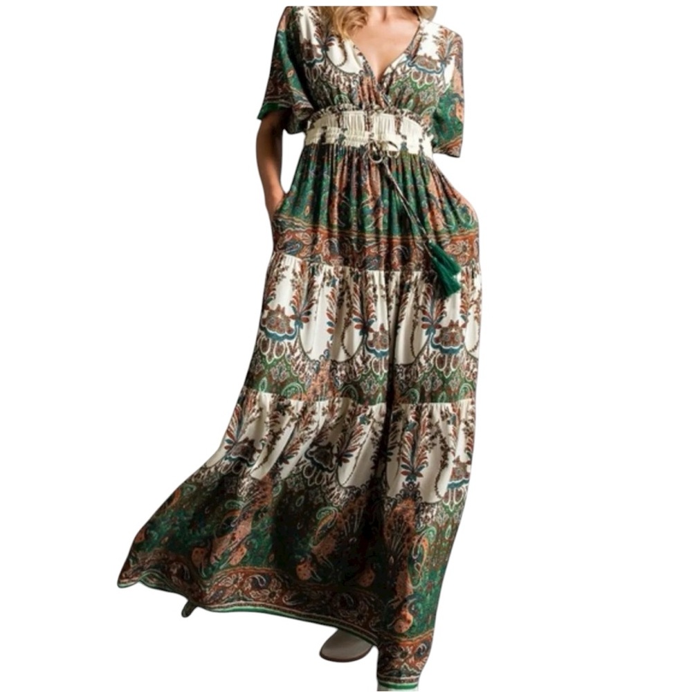 Easel scarf print maxi dress, fringe ties , v-neckline, green paisley print, S
